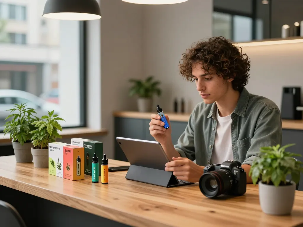 Marijuana discount sales UAE scene with a person browsing THC vapes, showcasing a modern e-commerce cannabis setting.