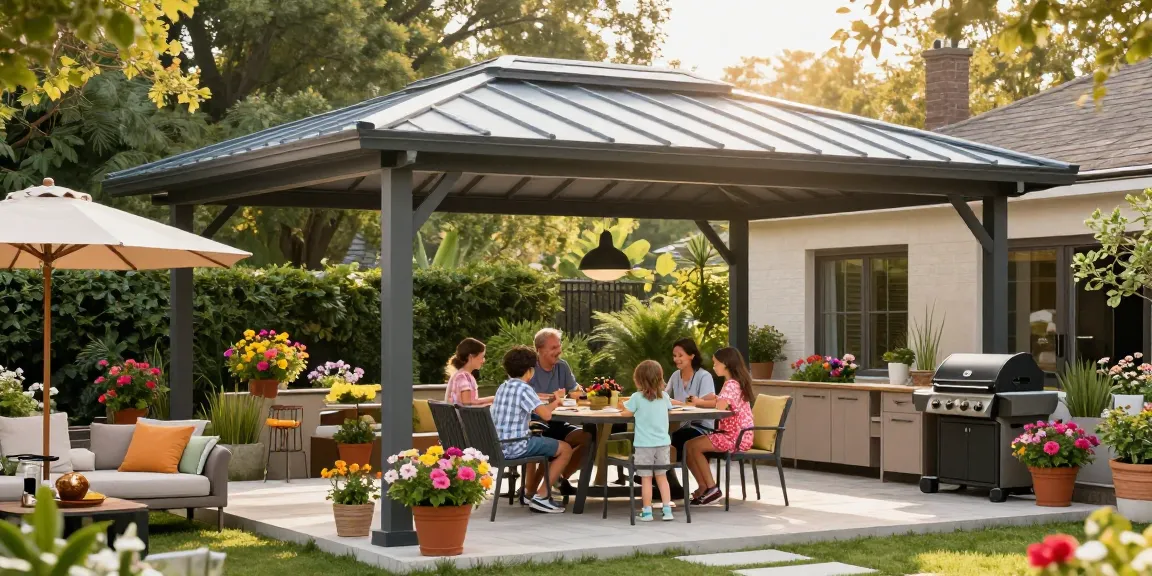 Terrassenüberdachungen in einer modernen Terrasse mit Familie, Blumen und Grillutensilien.