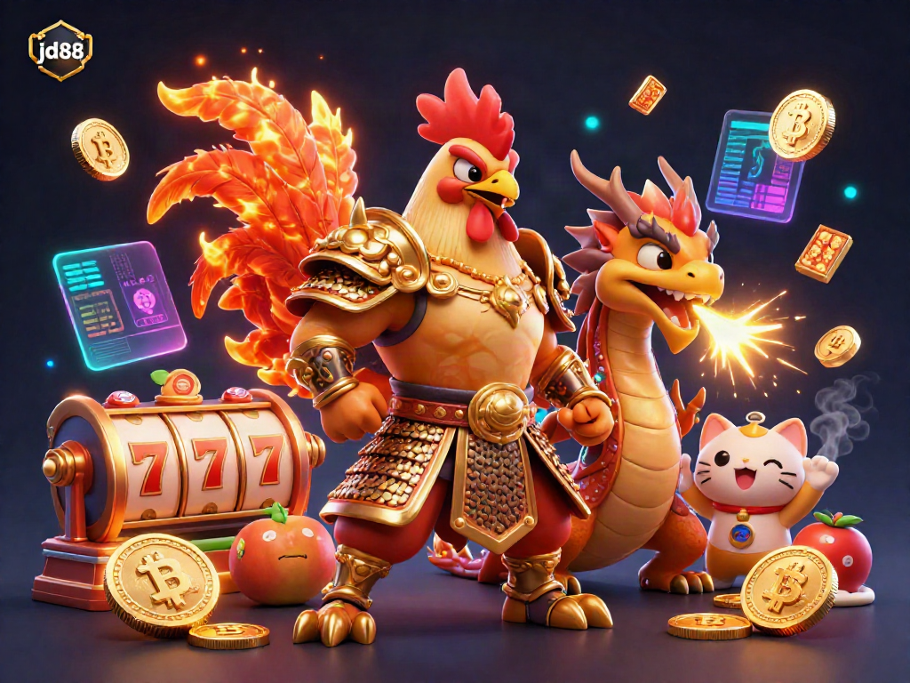 Engage in thrilling jackpots at jd88 with a fierce rooster warrior and dragon in an ultra-detailed digital casino scene.
