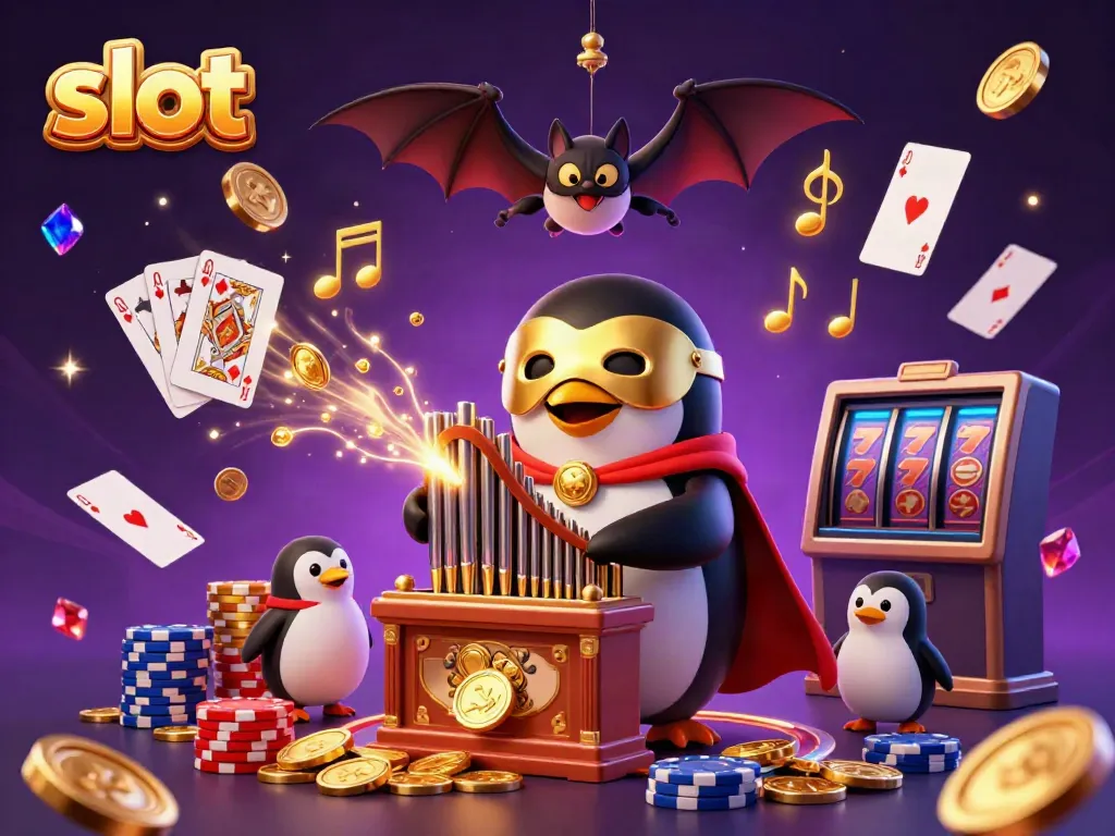 Engage in thrilling slot games with vibrant coins, cards, and characters in this dynamic casino scene.