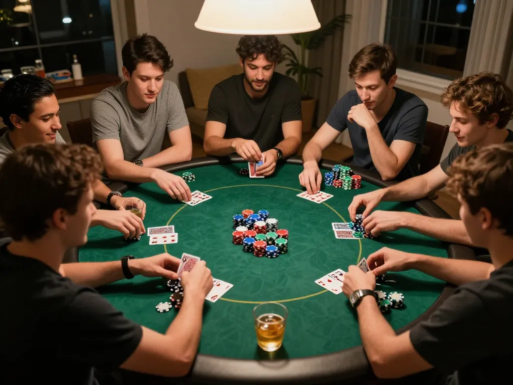 Engaged players enjoying a Go8 poker night with cards and chips visible, creating a lively gaming atmosphere.