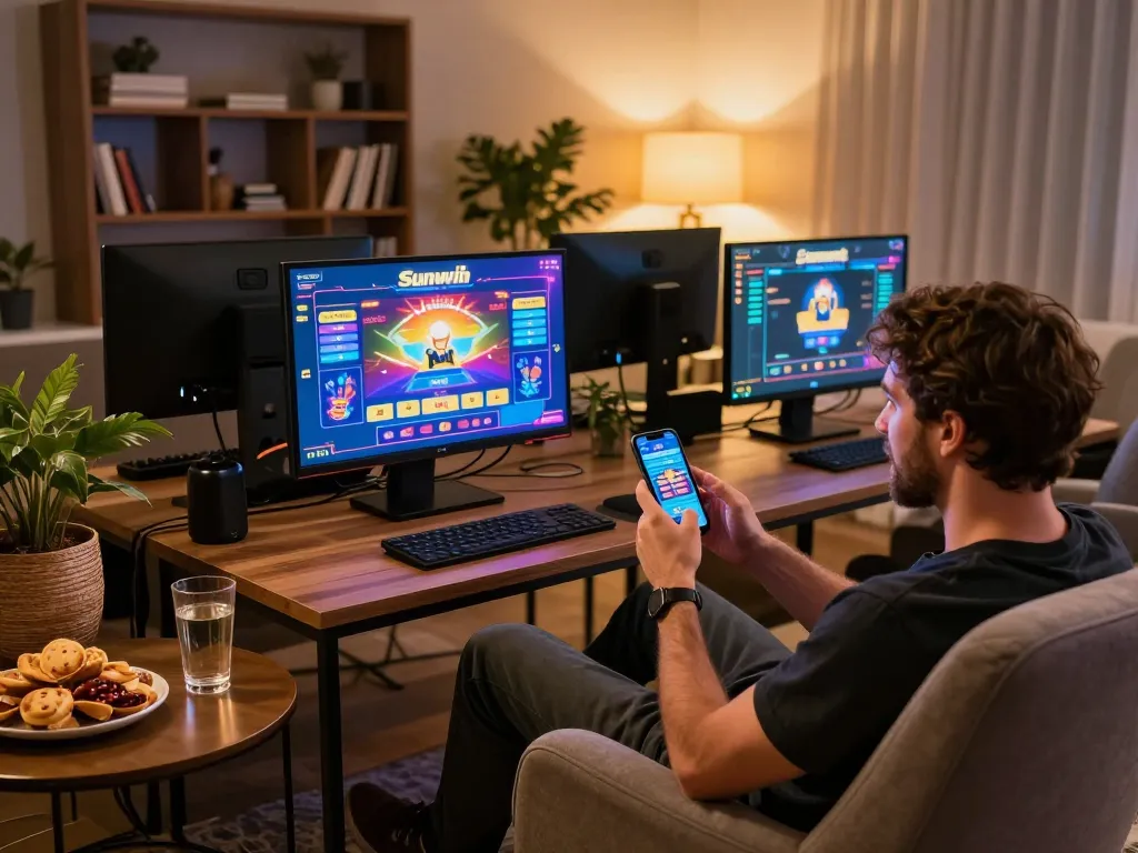 Player enjoying sunwin online gaming on smartphone in cozy home setting
