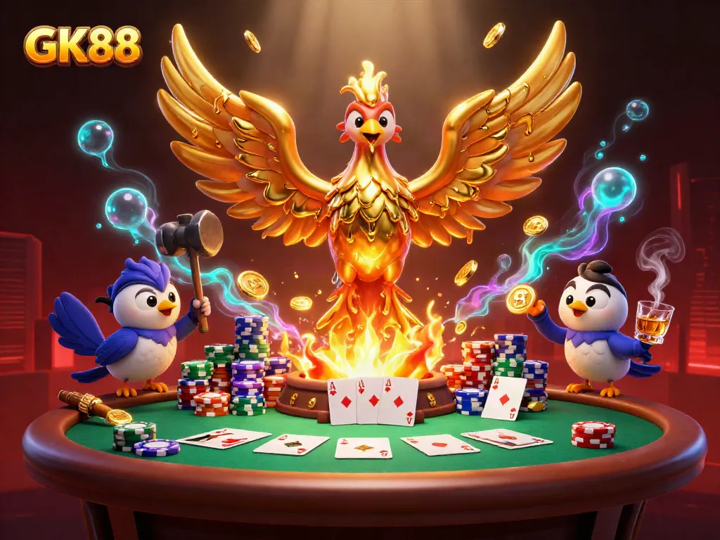 GK88 introduces a thrilling gaming experience with molten golden phoenix and poker scene filled with excitement.