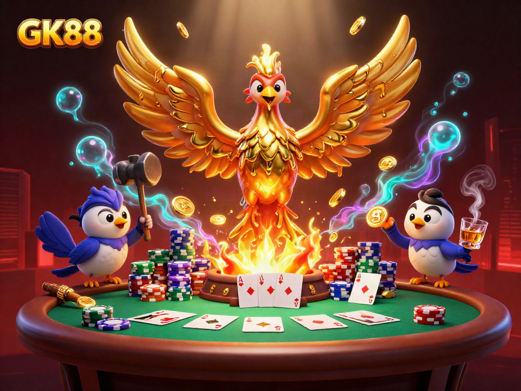 GK88 introduces a thrilling gaming experience with molten golden phoenix and poker scene filled with excitement.