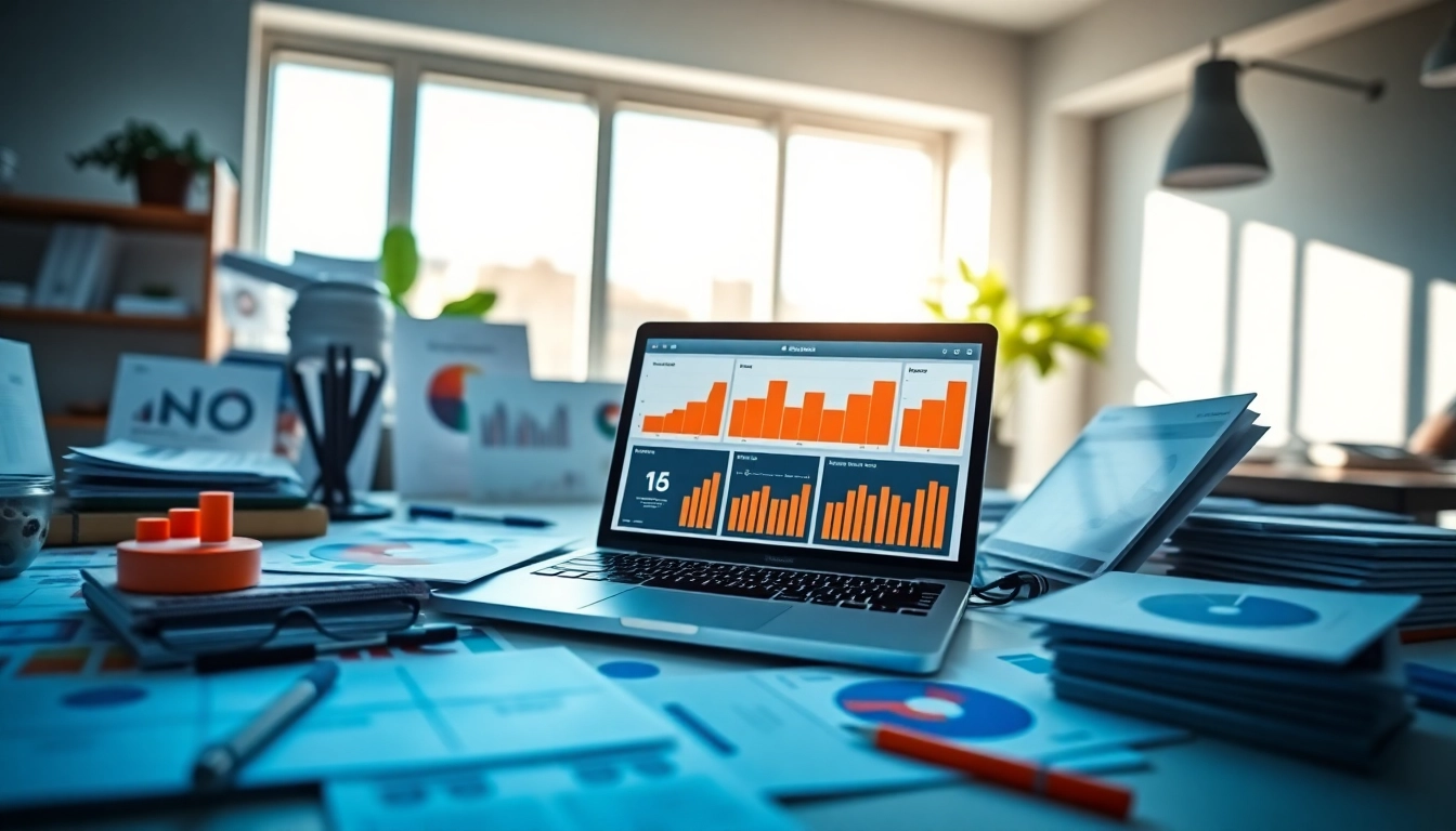 Online Marketing am digitalen Arbeitsplatz mit Grafiken und bunten Charts.