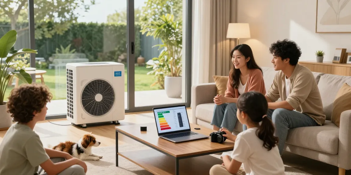 wärmepumpe kaufen conversation in cozy living room with a family discussing energy efficiency