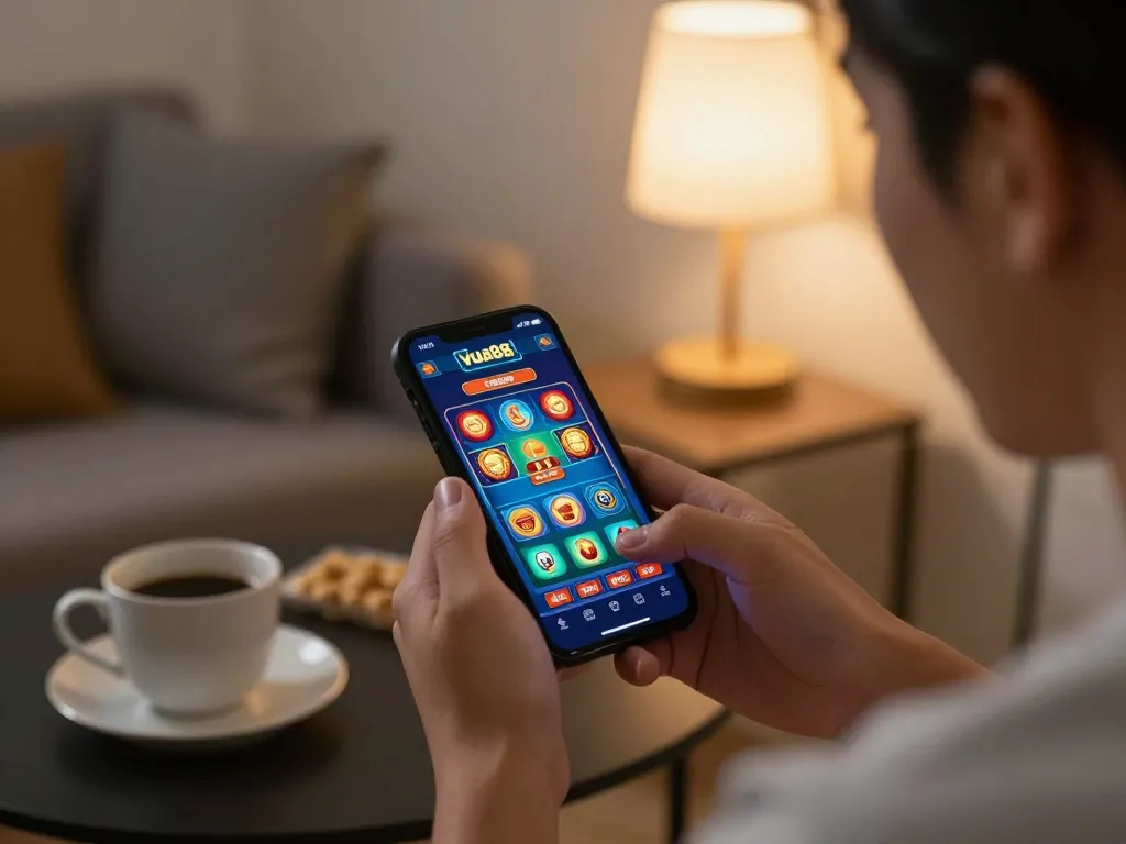 Engaging gameplay on casino vua88 app displayed on smartphone in a cozy home environment