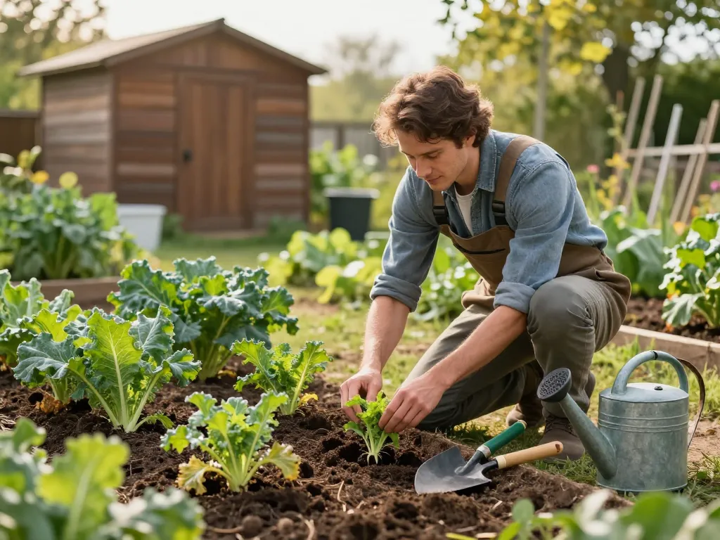 Gardener planting spargel pflanzen kaufen in rich soil during sunny afternoon.