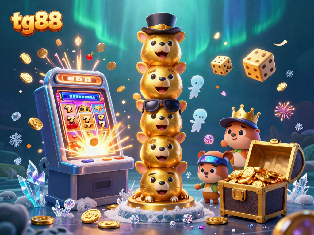 Tg88's vibrant slot machine illustration showcases a colorful explosion of luck and fortune in an entertaining casino atmosphere.