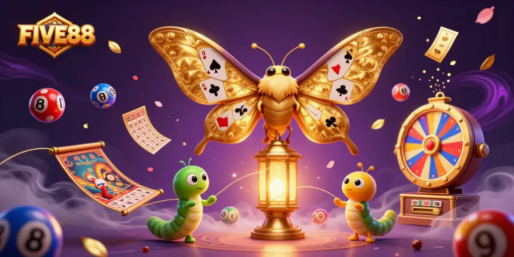 Engage in thrilling gaming at FIVE88 with vibrant casino scenes, illuminated by golden moths and confetti.