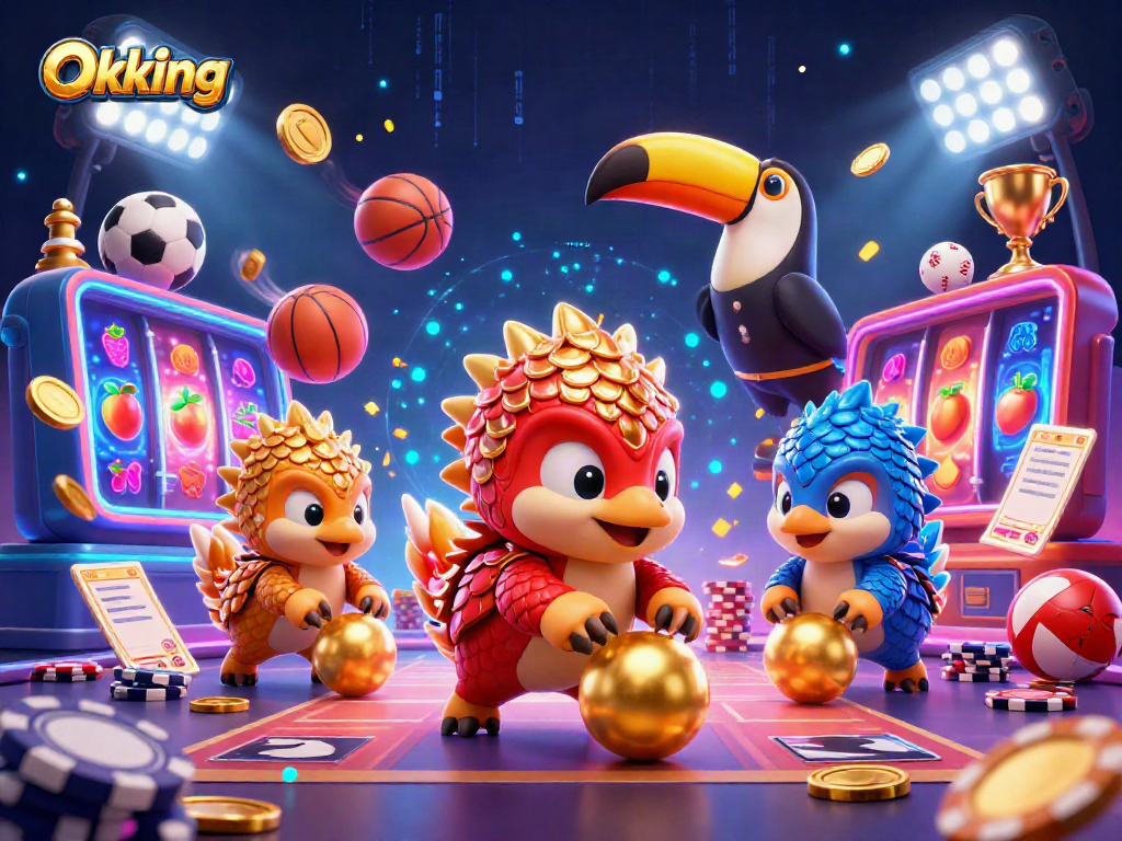 Engage in thrilling gameplay with Okking, where rival pangolins compete amidst golden trophies and vibrant slot reels.