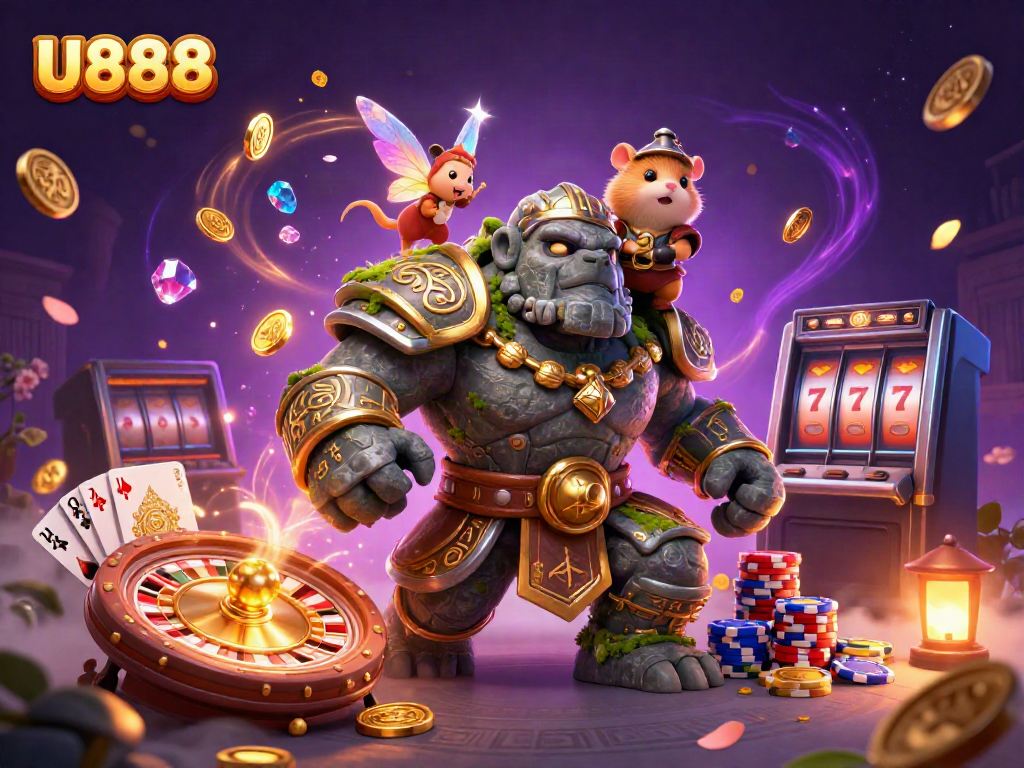 Catch the excitement of U888 with a magical scene featuring a golem, fairy, and hamster knight amidst casino elements.
