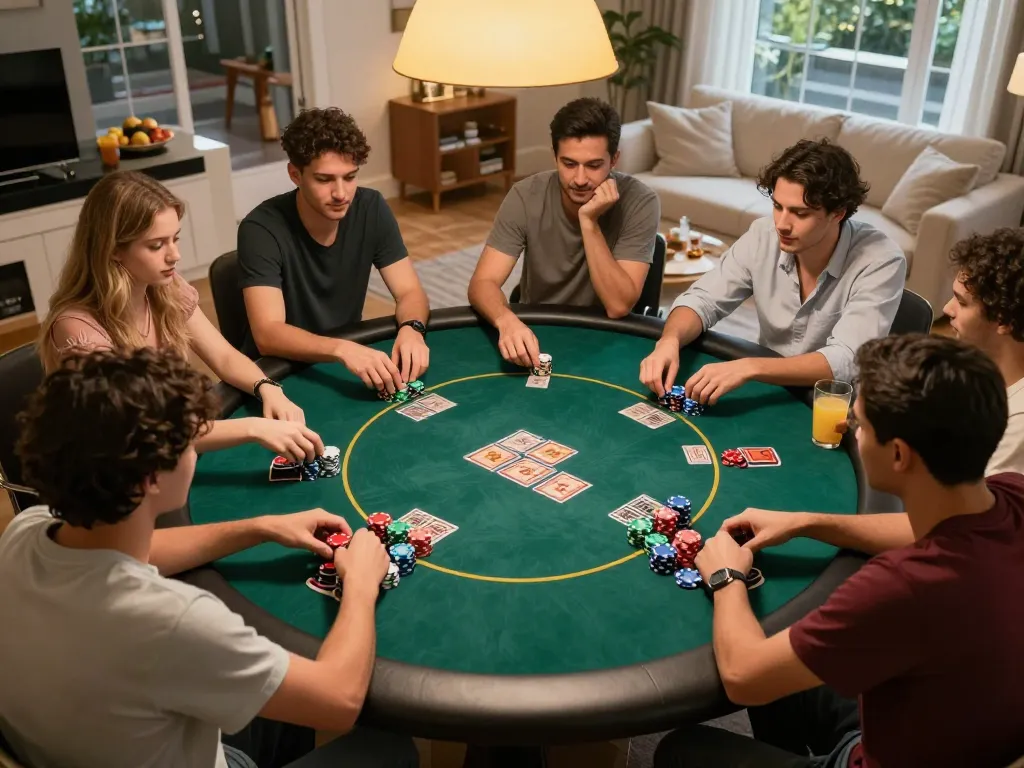 Players enjoying an exciting poker game at home, highlighting mm88 com community atmosphere with chips and cards.