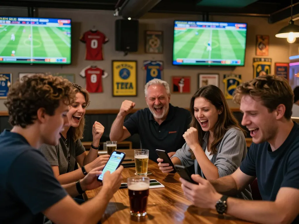 KQBD fans watching live match updates while placing bets on their phones in a lively sports bar setting.