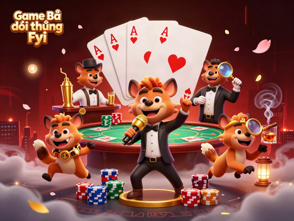 Engage with "Game Bài Đổi Thưởng Fyi" in a lively casino scene featuring hyena characters.