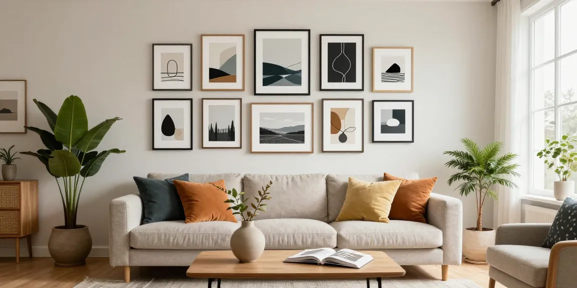 Moderne Wandbilder in einem stilvollen Wohnzimmer mit natürlichem Licht und verschiedenen Kunststilen.