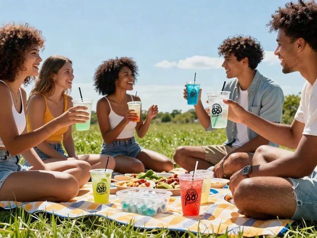 Group of friends enjoying ROKOK88 link login beverages during summer picnic.