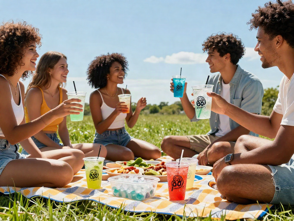 Group of friends enjoying ROKOK88 link login beverages during summer picnic.