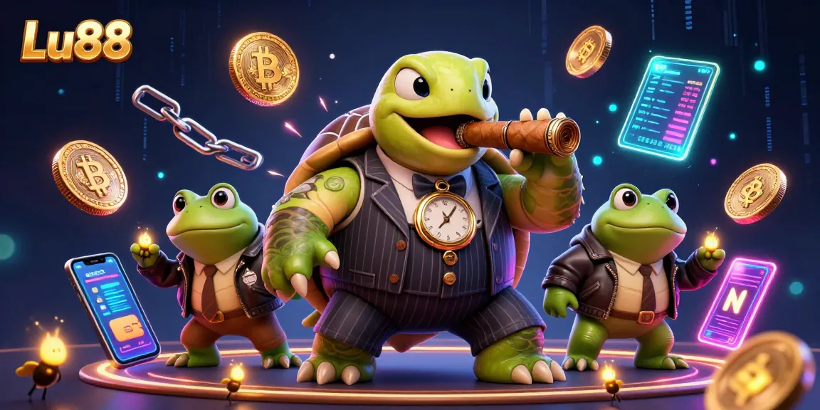 Engage with Lu88's thrilling casino experience featuring a snapping turtle in a mobster suit and bullfrog enforcers.