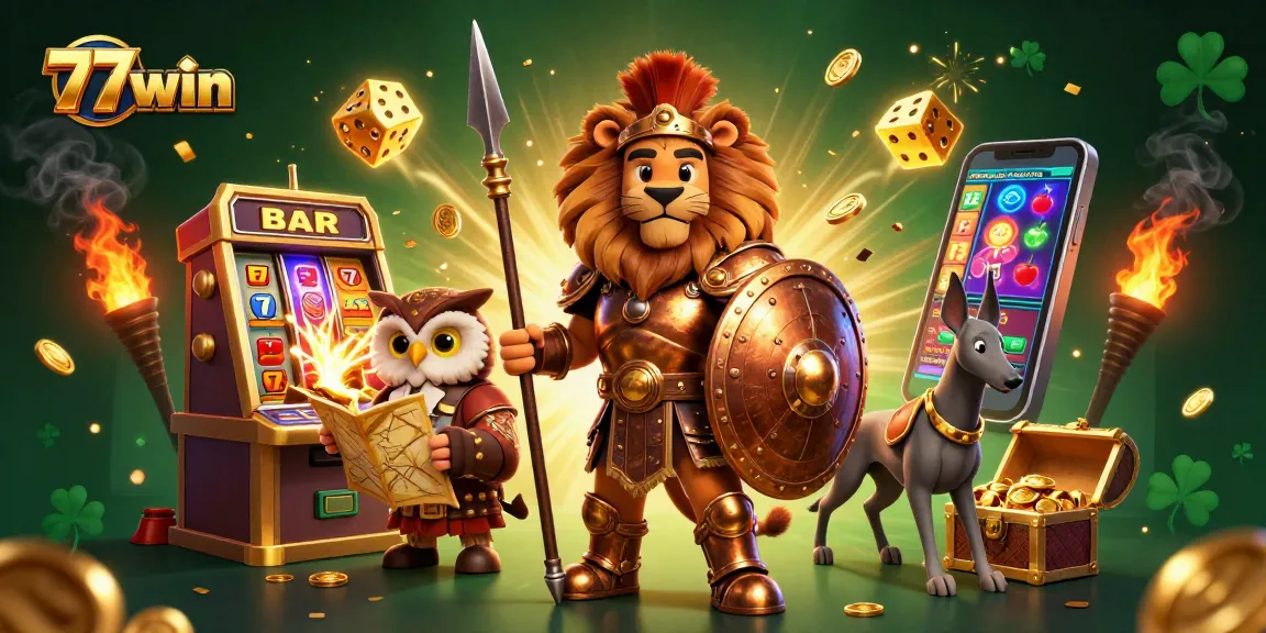 77win captures the excitement of casino gaming with a vibrant 3D scene of a Spartan lion, owl, and greyhound amidst jackpot chaos.