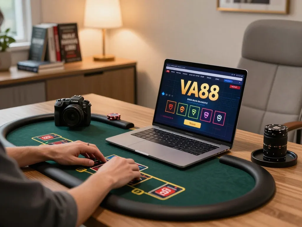 Player engaging in a VA88 poker game on a laptop in a modern home office setting.