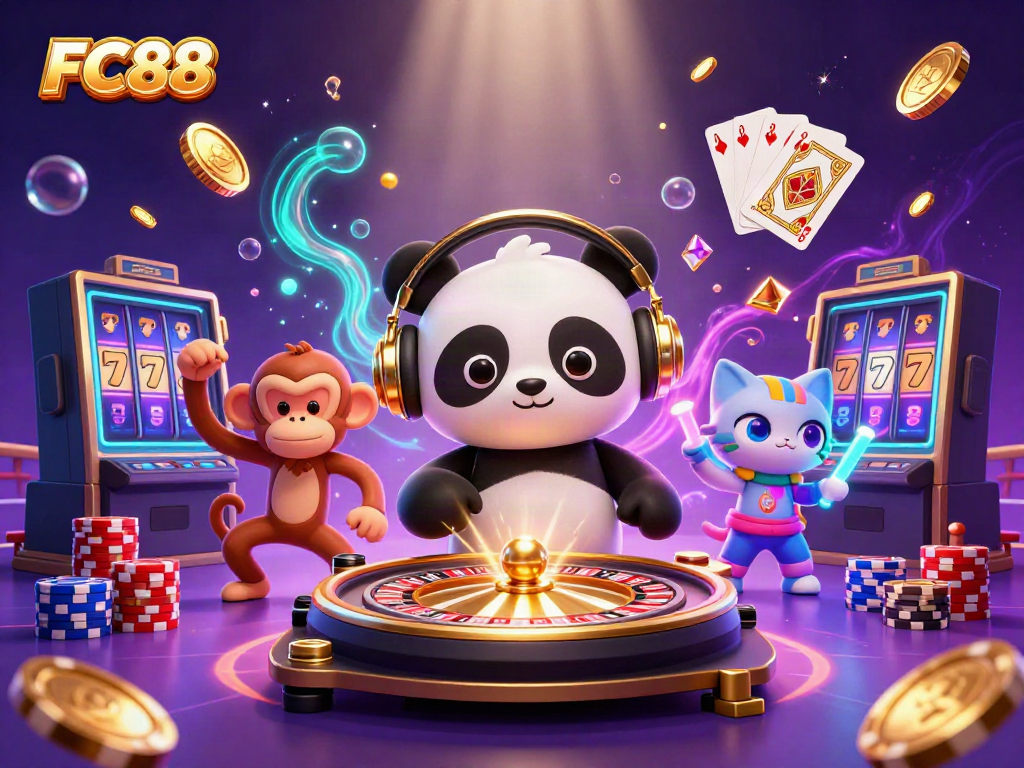 Experience the thrill of FC88 with an engaging 3D casino scene featuring vibrant characters and gaming elements.