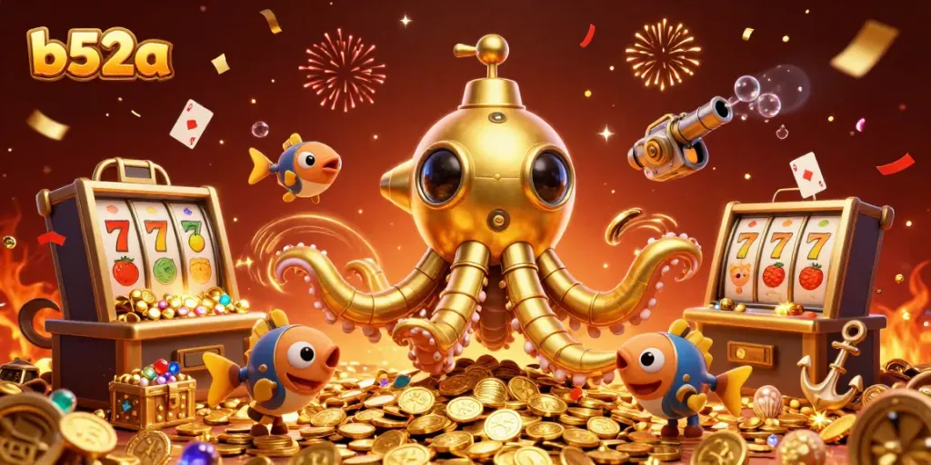 Experience the excitement of b52a with a vibrant underwater casino scene featuring a golden kraken and slot machines.