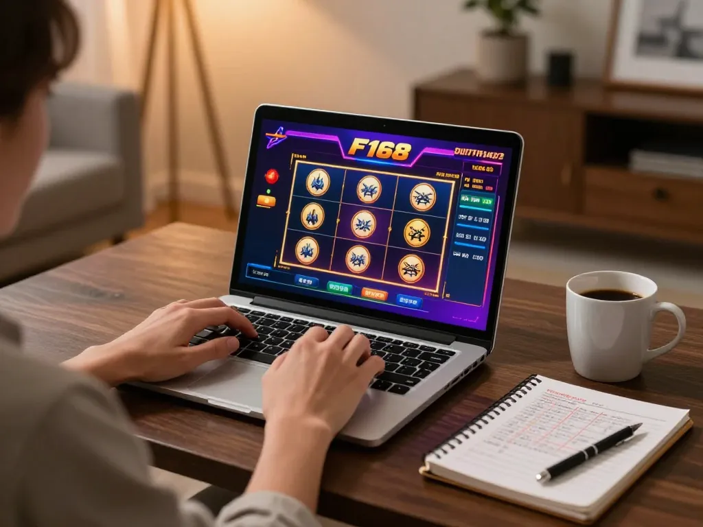 Player enjoying F168 online casino slot machines at home, showcasing strategic gameplay and cozy atmosphere.
