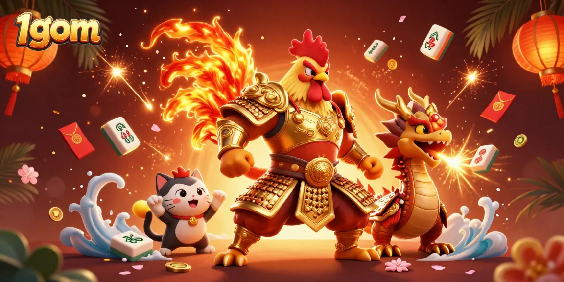 Experience thrilling action with 1gom's fighting rooster warrior and armored dragon in a festive casino scene.