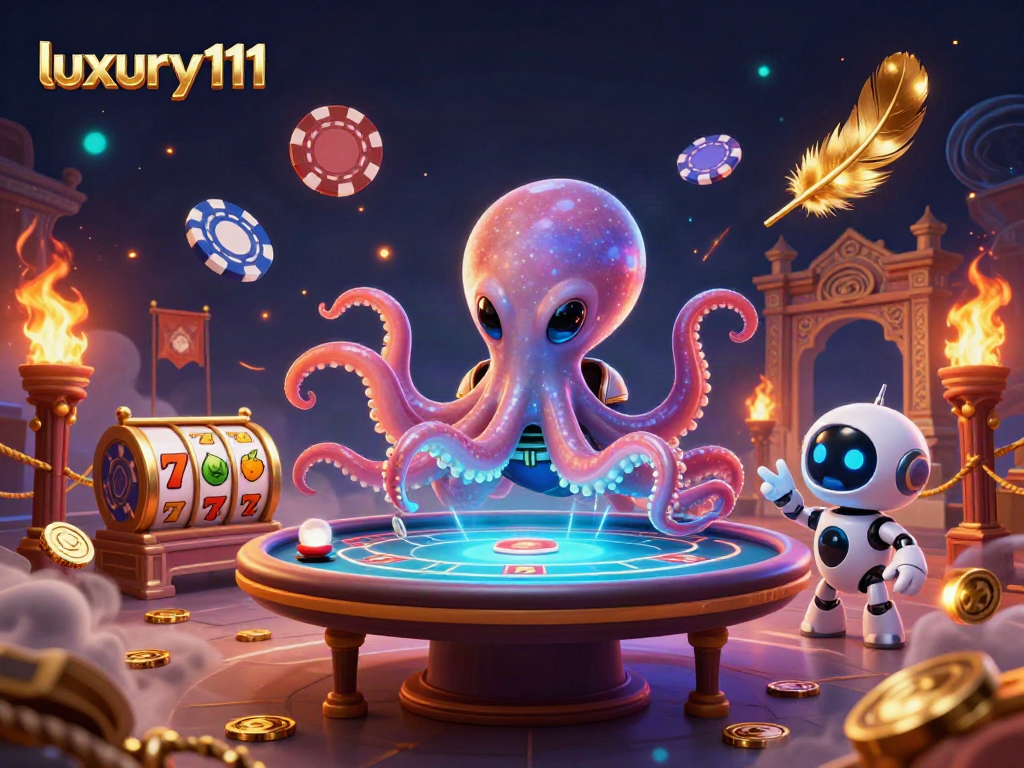 luxury111 showcases an alien octopus at an exhilarating holographic poker table with dynamic casino elements.