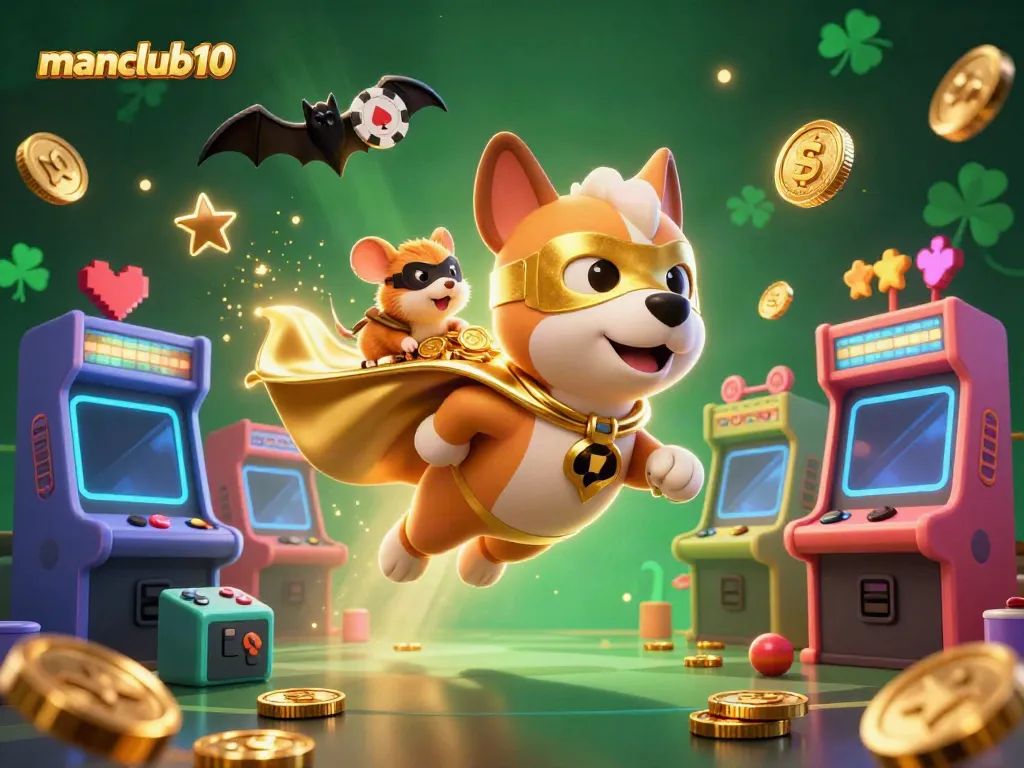 manclub10 offers thrilling gaming action as the superhero dog and sidekick deliver gold coins in a lively casino atmosphere.