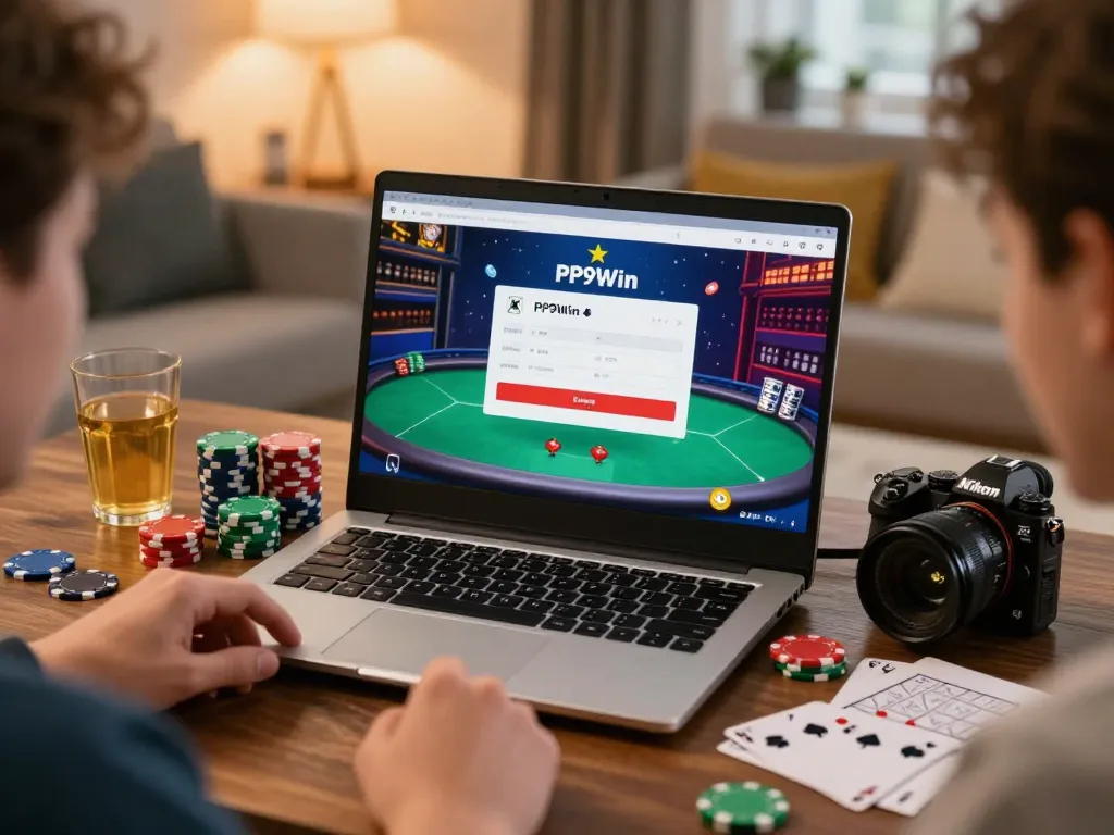 Engaged players at home using PP9Win Login for online poker, colorful chips and modern decor around.