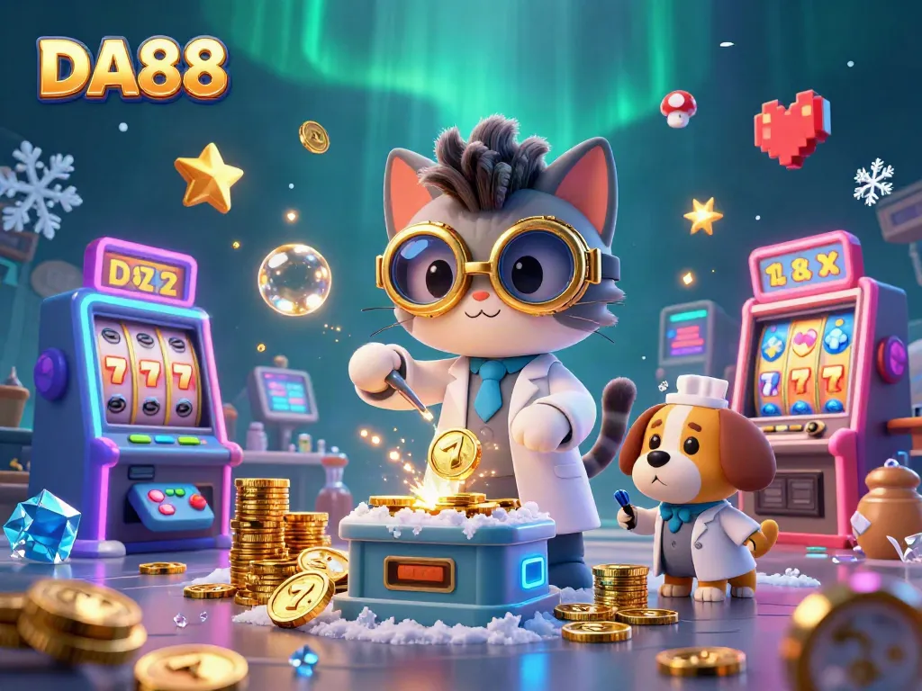 Play exciting slots with DA88 featuring a mad scientist cat and dog in a high-energy casino lab
