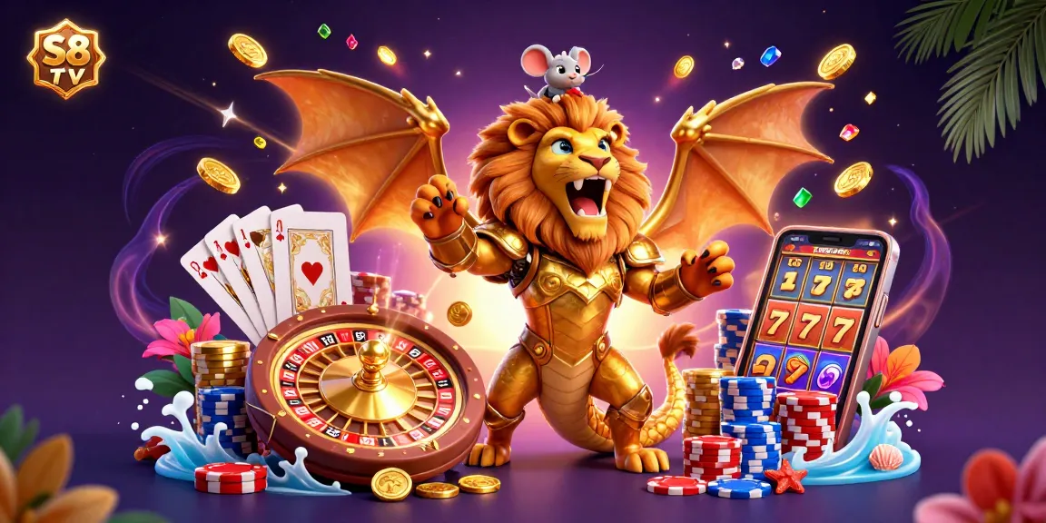 Win big with S8 TV, featuring a roaring chimera and vibrant casino elements in a vibrant scene.