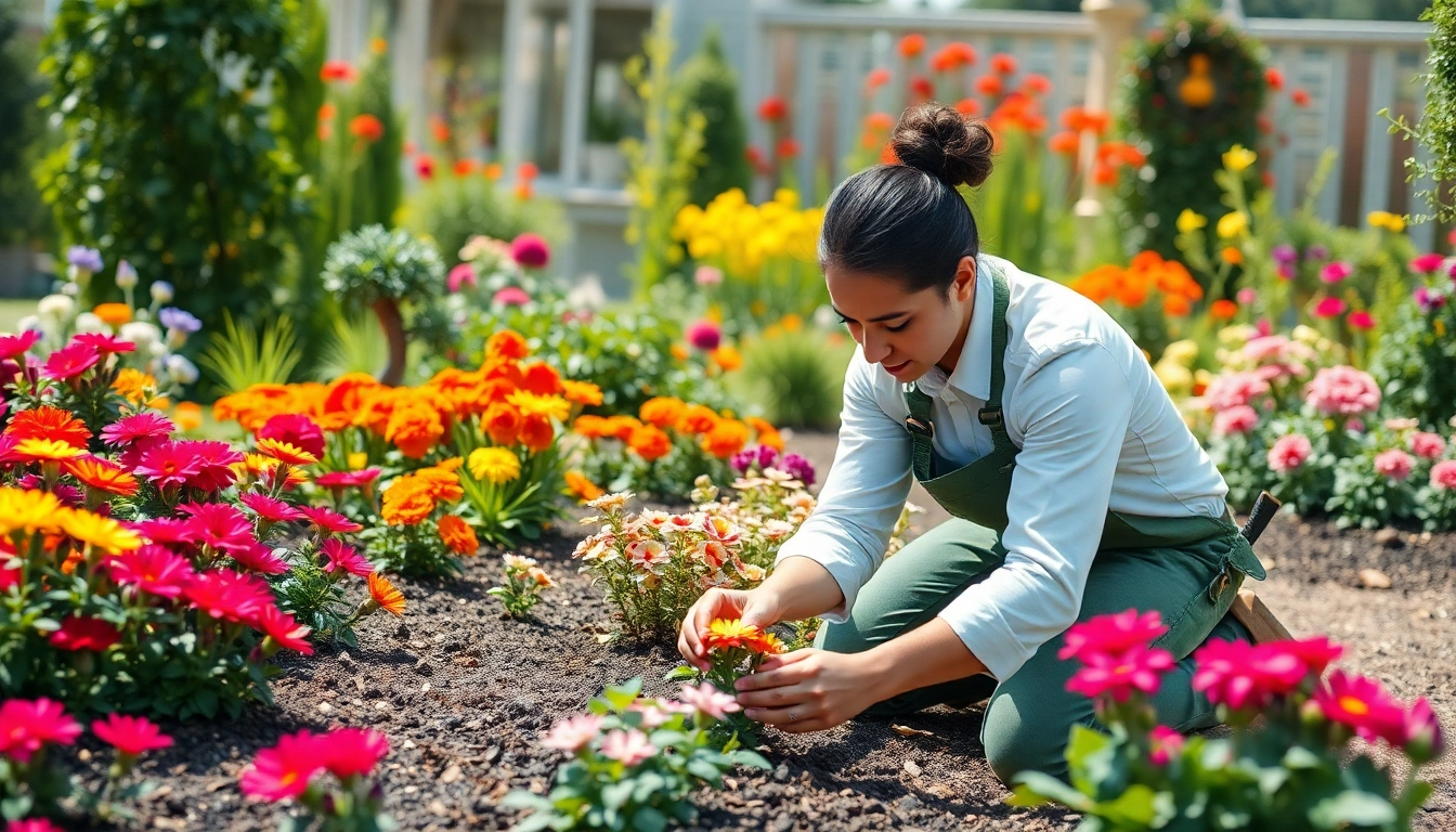 Gartenbauer bei der sorgfältigen Pflanzung von Blumen in einem gepflegten Garten.
