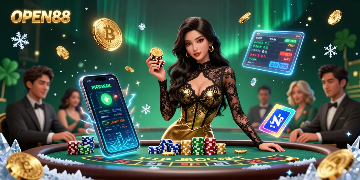 Engage in thrilling baccarat at OPEN88, where a glamorous player confidently showcases golden casino chips amidst dynamic crypto elements.