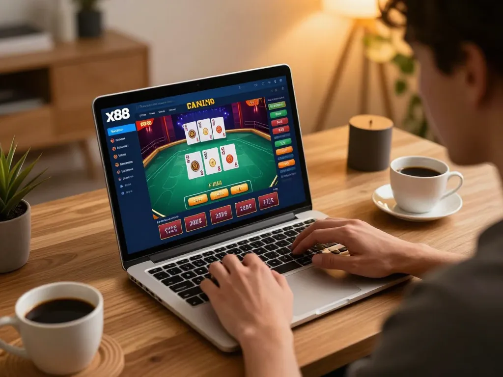 x88 online gambler engaged in live dealer game from cozy home setup