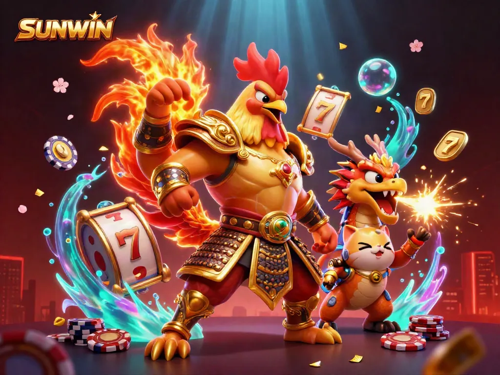 Experience thrilling gameplay with SUNWIN's dynamic character scene surrounded by classic gambling elements.