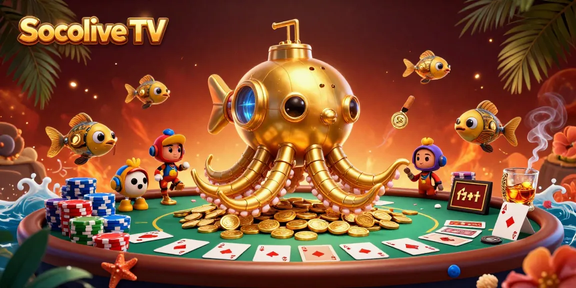 Experience thrilling wins with Socolive TV as a golden kraken submarine surfaces through a bounty of gaming gold.