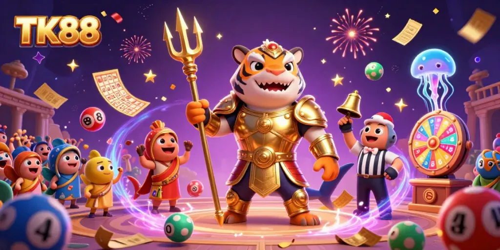Engage with TK88's thrilling underwater casino adventure featuring the shark gladiator and lottery elements.