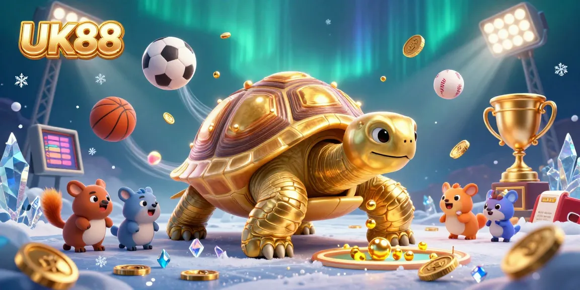 Engage with UK88's vibrant online casino fun featuring animated gold tortoise and sports themes.