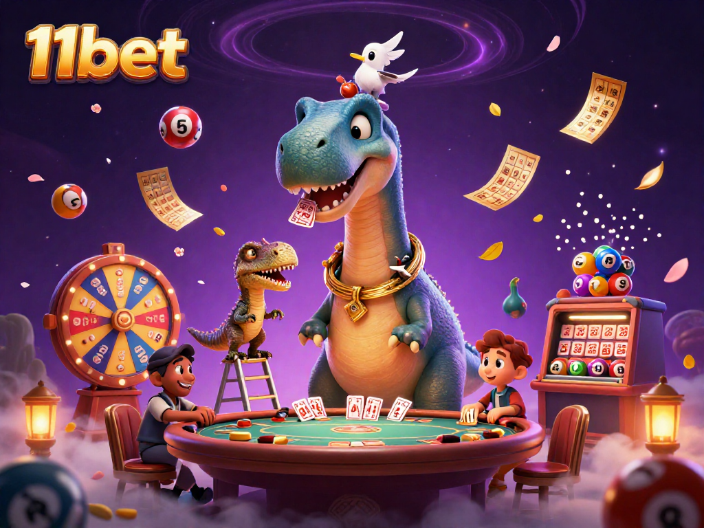 Engage with 11bet as the brontosaurus oversees a lively casino scene filled with thrilling games and colorful elements.