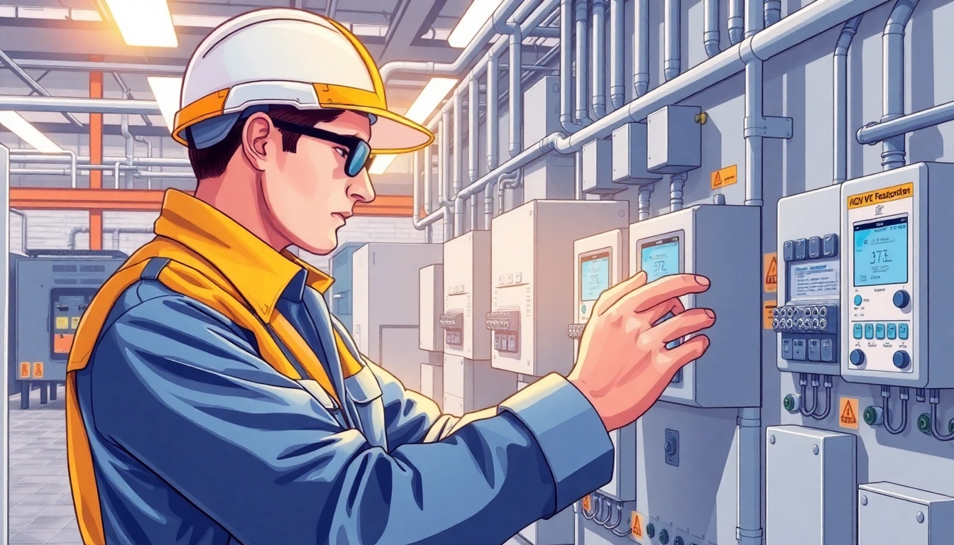 Technician conducting a DGUV V3 Prüfung on electrical equipment, ensuring workplace safety compliance.