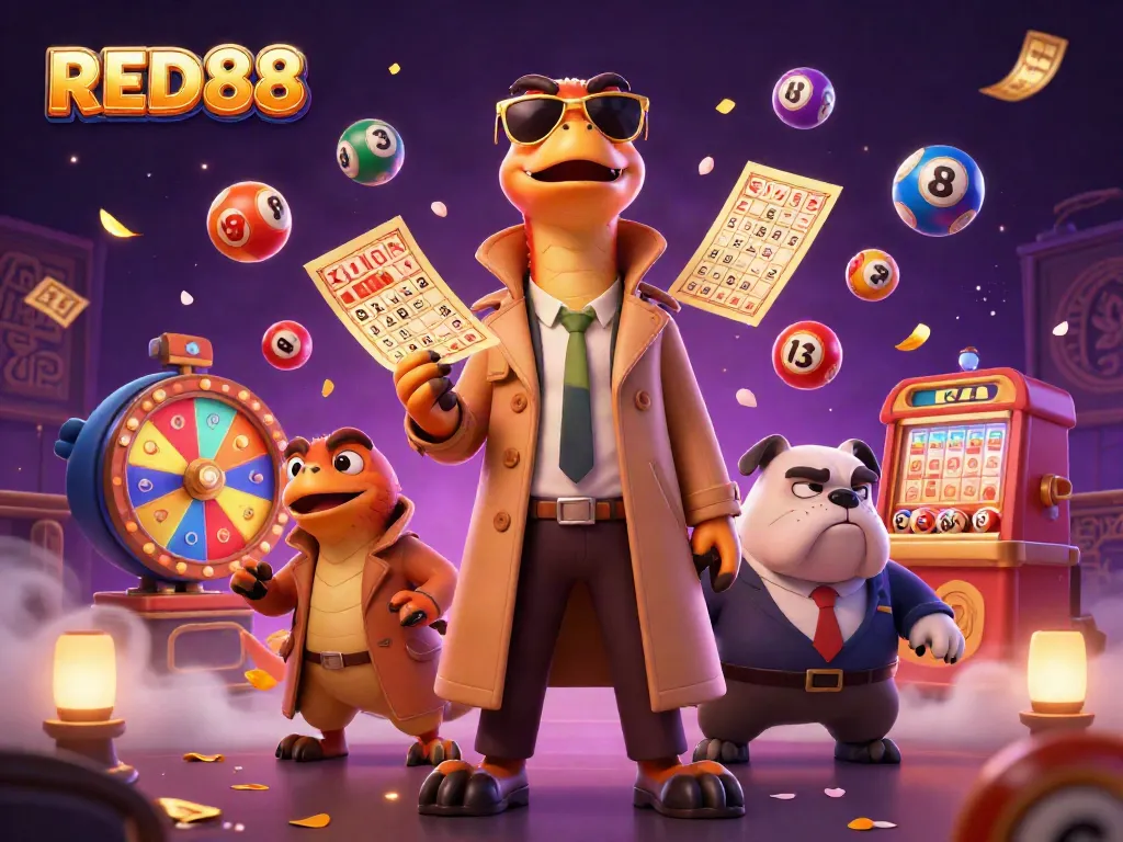 Raptors in trench coat trying to enter RED88 casino, colorful lottery balls and dynamic elements around