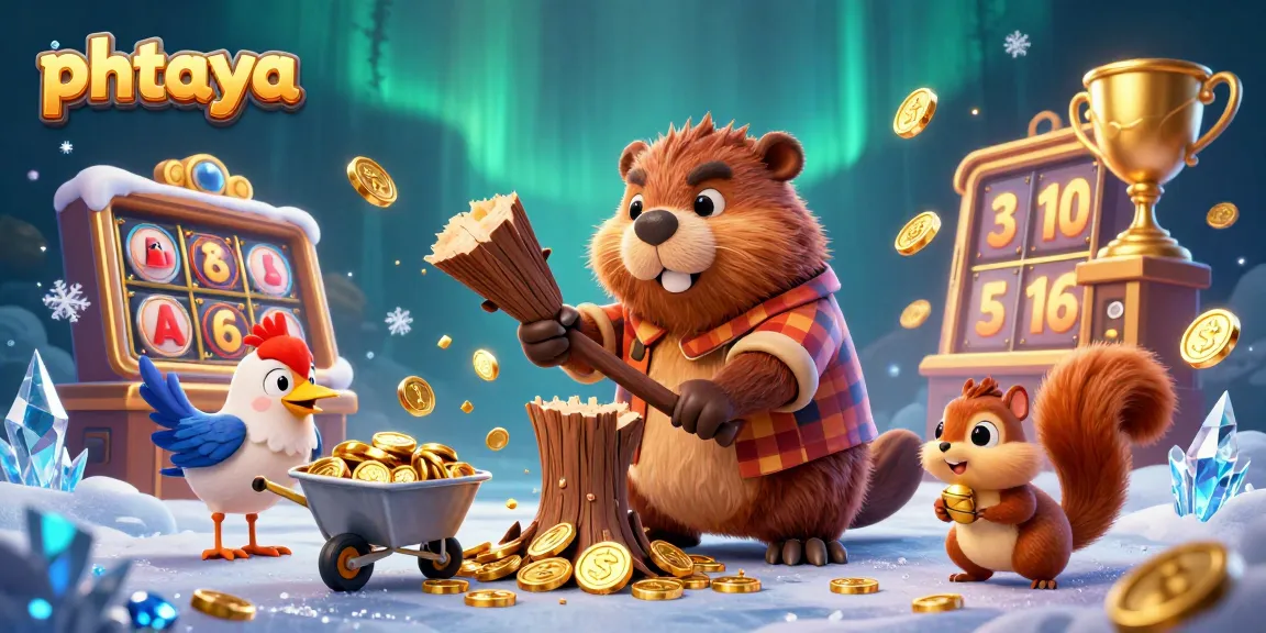 PHTAYA showcases its exciting gaming atmosphere with vibrant characters collecting golden casino rewards amidst dynamic slot elements.