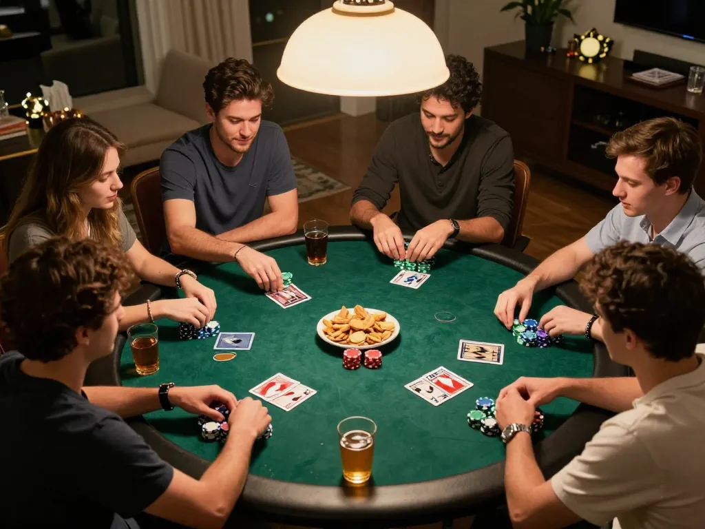 S666 players enjoying a lively home poker night, showcasing chips and strategies.