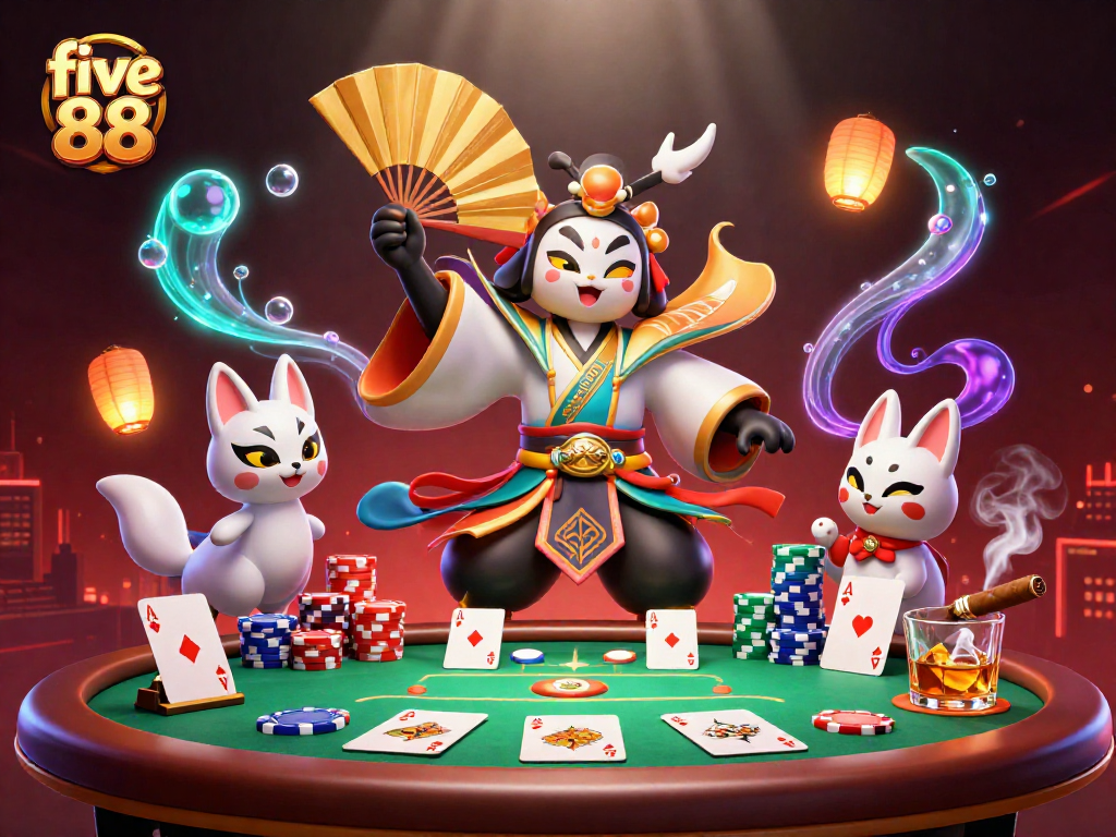 Engage with thrilling action at five 88, featuring a kabuki warrior and poker elements in vibrant casino ambiance.