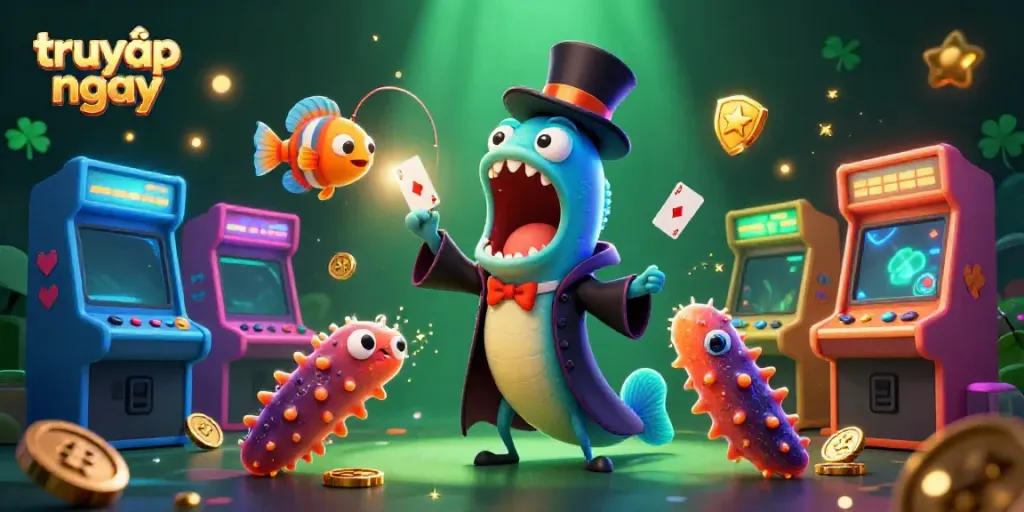 Experience vibrant gambling action with "truy cập ngay" featuring animated sea creatures in a casino setting.