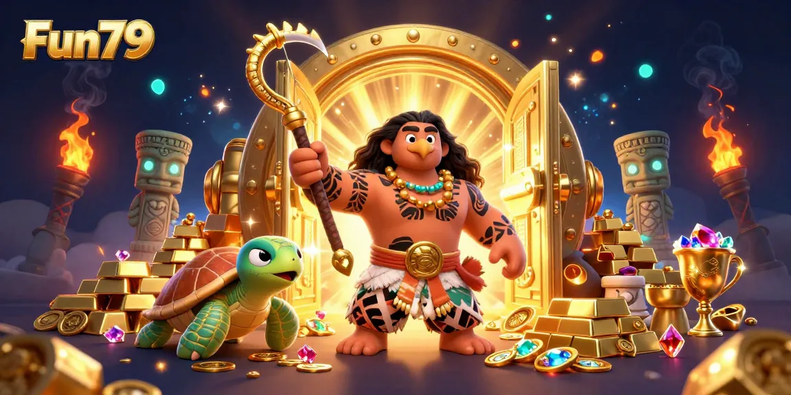 Experience thrilling wins at Fun79 with a dynamic cartoon casino scene filled with golden treasures.