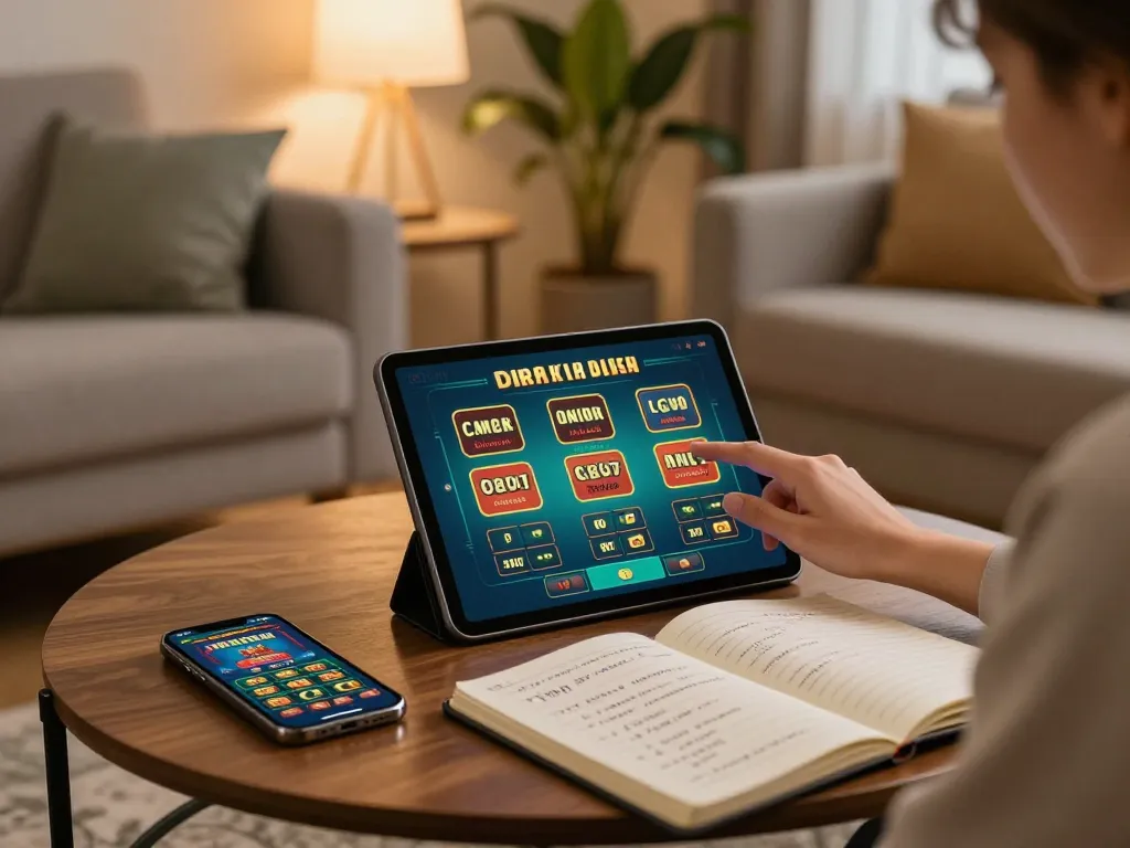 Person, die verantwortungsbewusstes Online-Gaming zu Hause genießt, indem sie das mrbit-de Tablet und Smartphone für ein intensives Erlebnis nutzt.
